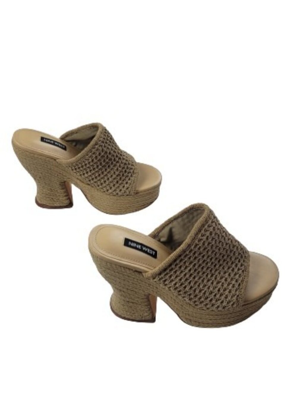Nine West Fefee Platform Mule Sandals Size 6.5 Tan Woven Chunky Heel Open Toe - Picture 4 of 10